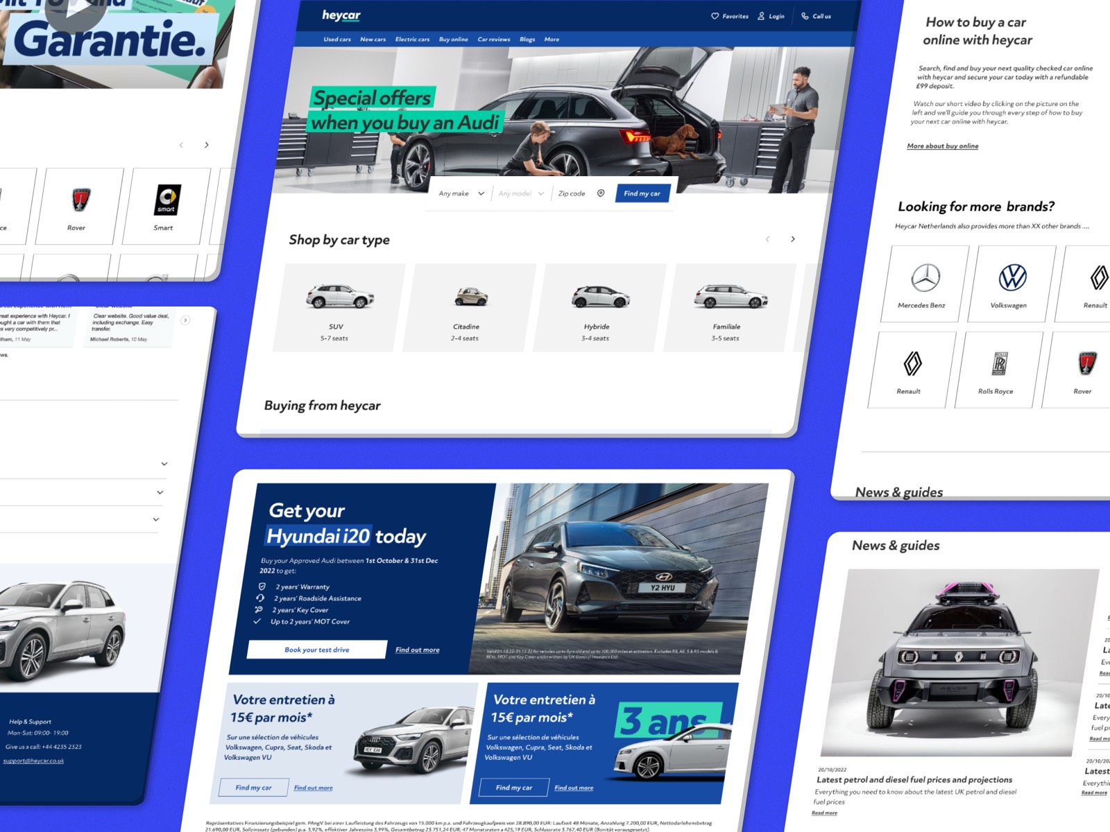 One pattern, four markets: the homepage carrying English, French, and German content on the same components.