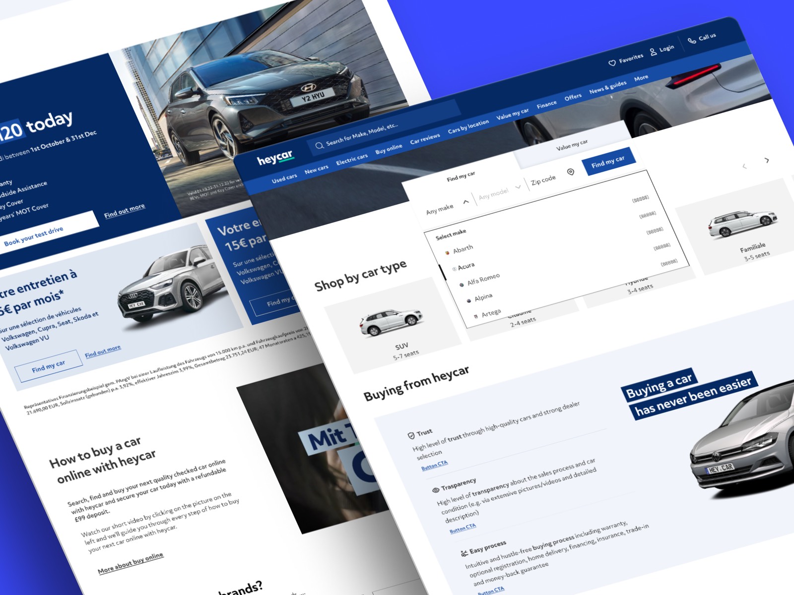 The three-field search in context: make selection open, car type tiles below, and refinement waiting on the results page.